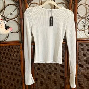 PrettyLittleThing Cream Ribbed Long Sleeve Top